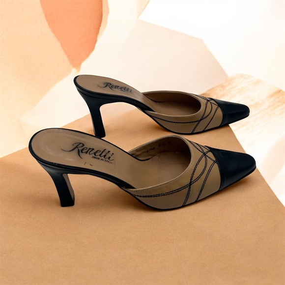 Renetti Shoes - Renetti Women Luna Black and Tan Leather Pointed Toe Mules Heels Shoes Size 6.5M